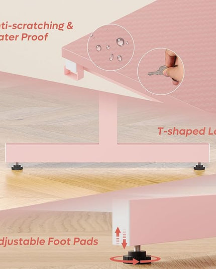 Bestier Small Gaming Desk with Monitor Stand, 42 inch LED Computer Desk, Gamer Workstation with Cup Holder & Headset Hooks, Modern Simple Style Desk for Home Office, Carbon Fiber Pink - LeafyLoom