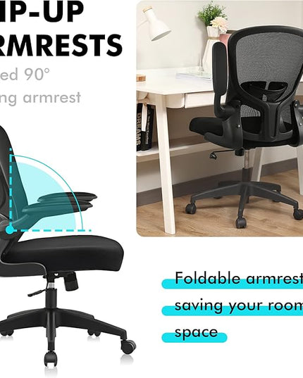 FelixKing Office Desk Chairs, Ergonomic PC Desk Chair with Wheels, Adjustable Lumbar Support and Height, Swivel Computer Chair with Flip-up Armrests, Ergo Mesh Backrest for Working (Black) - LeafyLoom