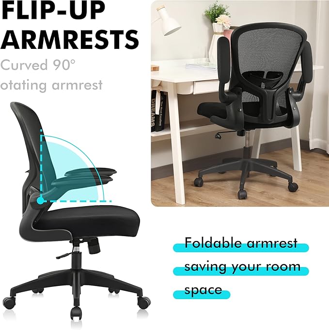 FelixKing Office Desk Chairs, Ergonomic PC Desk Chair with Wheels, Adjustable Lumbar Support and Height, Swivel Computer Chair with Flip-up Armrests, Ergo Mesh Backrest for Working (Black) - LeafyLoom