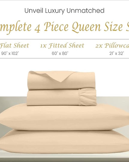 Luxury 100% Egyptian Cotton Queen Sheet Set - 1000 Thread Count - 4 PC Deep Pocket Fitted and Flat Sheets, Soft, Extra Cooling Long Staple Hotel-Quality Bedding with Sateen Weave - Ivory - LeafyLoom
