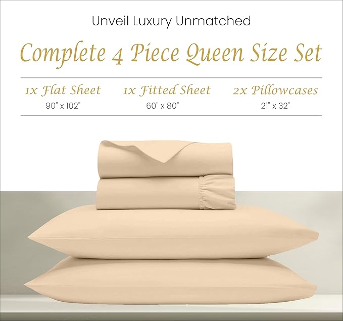 Luxury 100% Egyptian Cotton Queen Sheet Set - 1000 Thread Count - 4 PC Deep Pocket Fitted and Flat Sheets, Soft, Extra Cooling Long Staple Hotel-Quality Bedding with Sateen Weave - Ivory - LeafyLoom