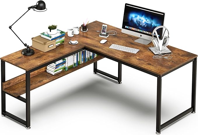 L Shaped Desk, Office Computer Corner Desk, 55 inch Home Gaming Desk Table, Writing Study Workstation with Storage Shelves for Home Office, Space-Saving, Industrial, Rustic Brown - LeafyLoom