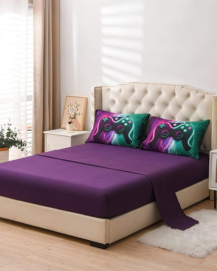 Meeting Story Gamer Gaming Bedding Sets Black Pink Lightnings Gamepad Comforter Set for Boys Games Console Action Buttons Novelty Colorful Modern Room Decor Home Quilt Set (Green-Purple, Twin 5Pcs) - LeafyLoom