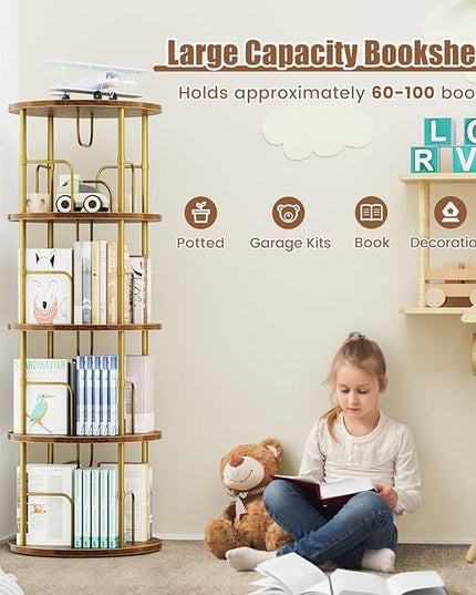 Rotating Bookshelf, 4 Tier Spinning Bookshelf Tower, 360° Display Unique Round Bookcase, Floor Standing Corner Revolving Bookshelf Storage Organizer for Small Spaces, Home Study Office, Gold - LeafyLoom
