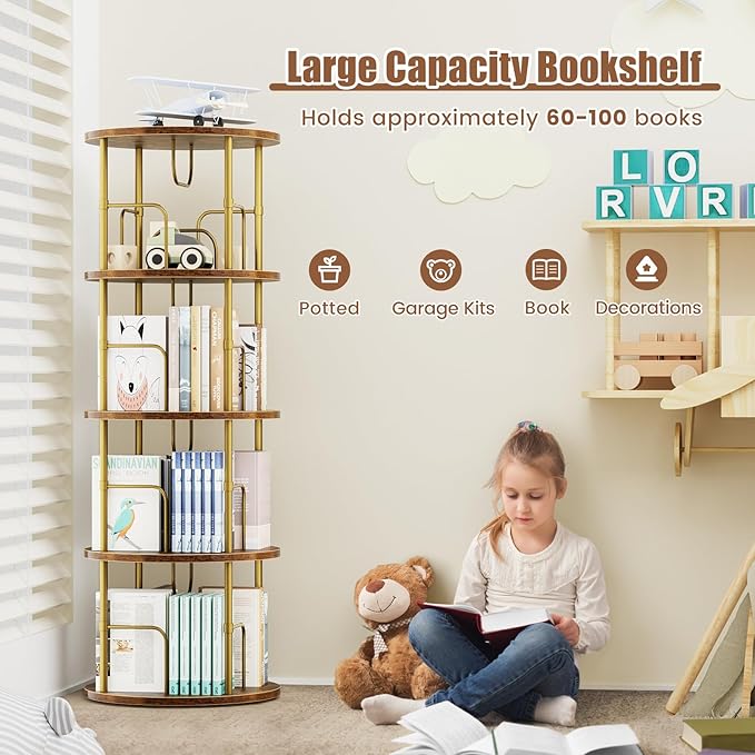 Rotating Bookshelf, 4 Tier Spinning Bookshelf Tower, 360° Display Unique Round Bookcase, Floor Standing Corner Revolving Bookshelf Storage Organizer for Small Spaces, Home Study Office, Gold - LeafyLoom