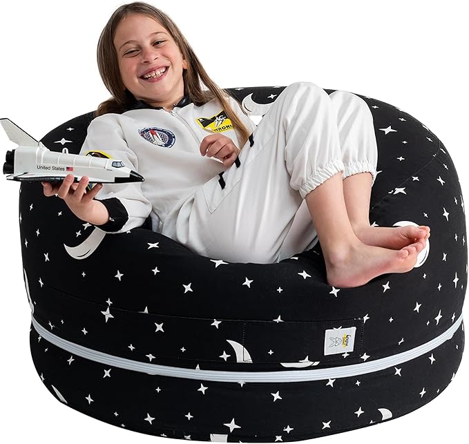 Stuffed Animal Storage Bean Bag Chair Cover for Kids & Adults | Washable XL Stuffie Seat | 100% Cotton | Pouf Organizer for Plush Toys, Linens, Quilts & Pillows | Starry Night - LeafyLoom