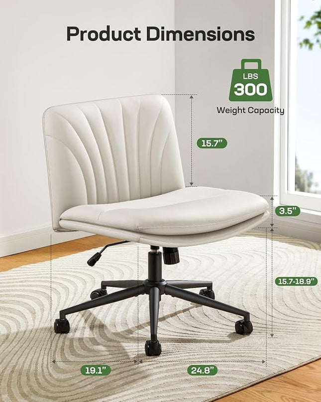 Marsail Armless-Office Desk Chair with Wheels: PU Leather Cross Legged Wide Chair,Comfortable Adjustable Swivel Computer Task Chairs for Home,Office,Make Up,Small Space,Bed Room(Light Beige) - LeafyLoom