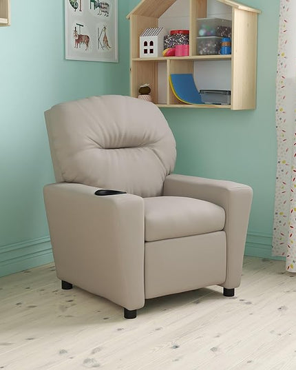 Flash Furniture Chandler Vinyl Kids Recliner with Cup Holder and Safety Recline, Contemporary Reclining Chair for Kids, Supports up to 90 lbs., Beige - LeafyLoom