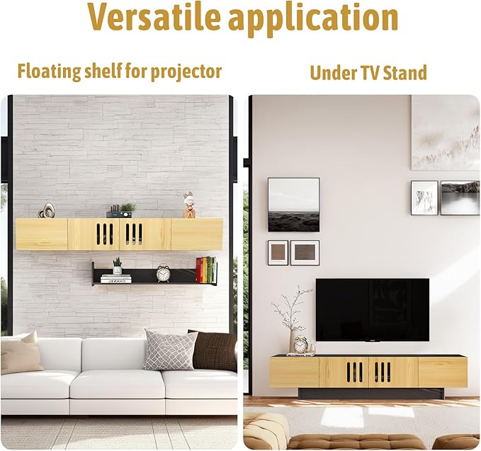 Pmnianhua Floating TV Stand,76'' Wall Mounted TV Cabinet, Mid Century TV Bench Under TV Entertainment Center Shelf TV Console Table with 4 Cabinets for Living Room Bedroom (Light Oak) - LeafyLoom