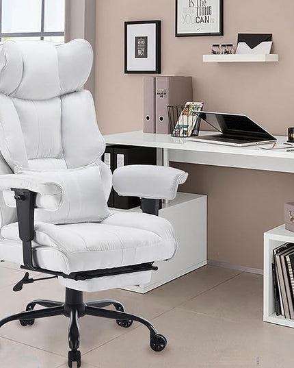 Fabric Office Chair, Big and Tall Office Chair 400 lb Weight Capacity, High Back Executive Office Chair with Foot Rest, Ergonomic Office Chair for Back Pain Relief, White - LeafyLoom