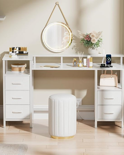 White Computer Desk with Power Outlets & LED Lights, Gaming Desk with 5 Fabric Storage Drawers, 47 Inch Home Office Desk with Monitor Stand Shelves for Working, Modern Vanity Desk for Bedroom - LeafyLoom