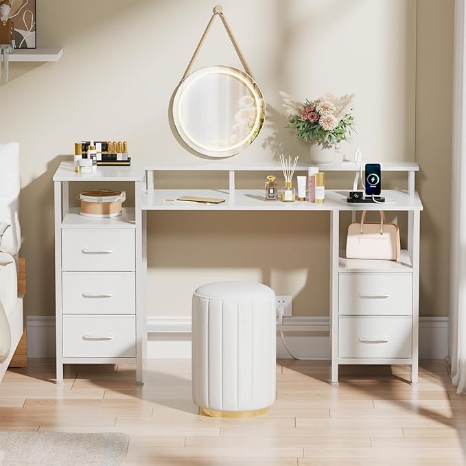 White Computer Desk with Power Outlets & LED Lights, Gaming Desk with 5 Fabric Storage Drawers, 47 Inch Home Office Desk with Monitor Stand Shelves for Working, Modern Vanity Desk for Bedroom - LeafyLoom