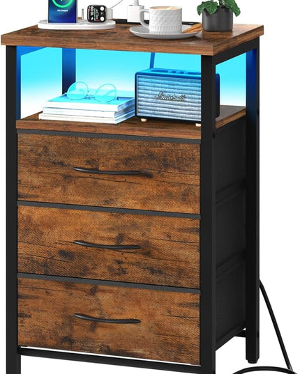 Yoobure Night Stand with Charging Station, 16 Colors LED Nightstand with USB Ports and Outlets, End Table with 3 Fabric Drawers and Storage Shelf, Bedside Tables Small Dresser for Small Space Brown - LeafyLoom