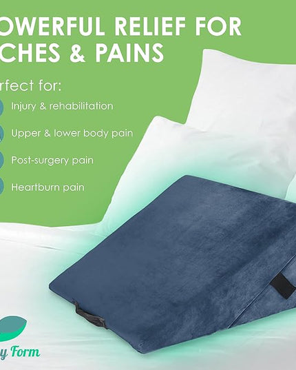 Cushy Form Wedge Pillow for Sleeping - 22 Inch Memory Foam Bed Wedge for Sleeping, Reading, Post Surgery & Leg Elevation - Triangle Pillow with Washable Cover - Blue - LeafyLoom