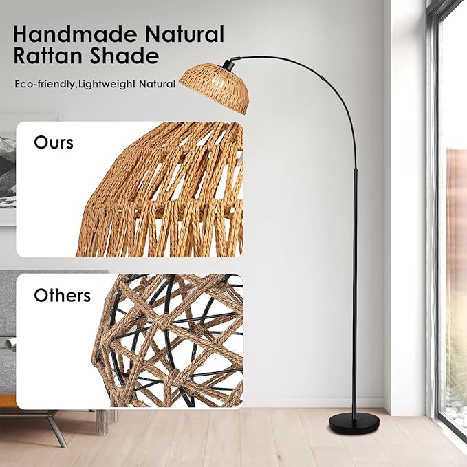 Arc Floor Lamp for Living Room,Black Standing Rattan Floor Lamp with Remote Control Dimmable,71" Tall Boho Farmhouse Adjustable Over Couch Lamp for Bedroom Office - LeafyLoom