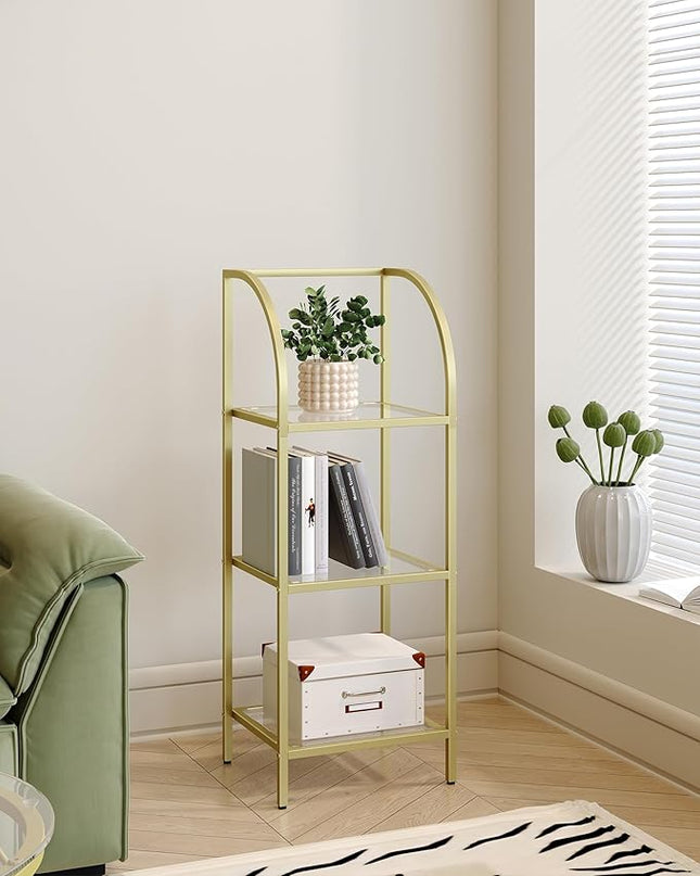 Bookcase Bookshelf, Tempered Glass Arched Bookshelf for More Storage, Slim Shelving Unit for Bedroom, Bathroom, Home Office, Steel Frame, 3 Tier Gold BC20399G - LeafyLoom