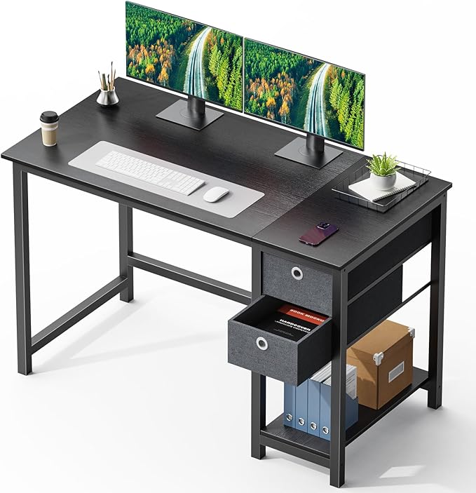 SMUG Computer Desk with Storage Drawers, 47 Inch Small Office Desk Modern Simple Workstation Study Writing Table for Home Bedroom, Black - LeafyLoom