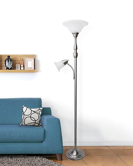 Elegant Designs LF2003-BSN 2 Light Mother Daughter White Marble Glass Floor Lamp, Brushed Nickel - LeafyLoom