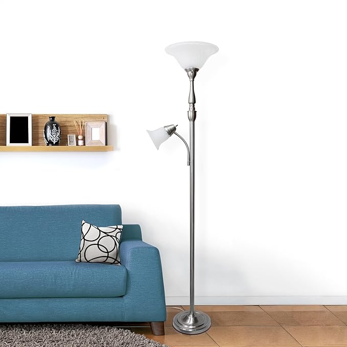 Elegant Designs LF2003-BSN 2 Light Mother Daughter White Marble Glass Floor Lamp, Brushed Nickel - LeafyLoom