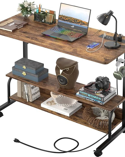 39" Height Adjustable Standing Desk with Power Outlets - Manual Rolling Stand Up Desk with Wheels Small Portable Computer Desk Mobile Laptop Table with Storage Shelves for Home Office, Rustic - LeafyLoom