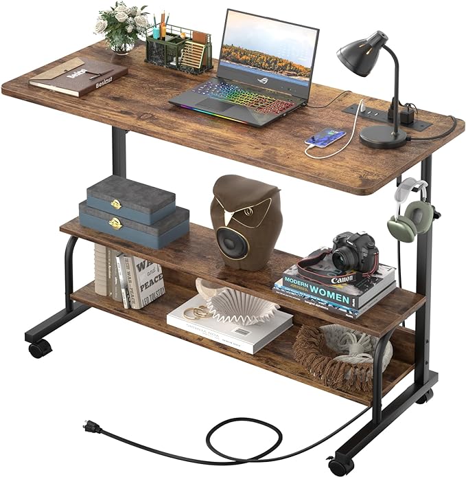 39" Height Adjustable Standing Desk with Power Outlets - Manual Rolling Stand Up Desk with Wheels Small Portable Computer Desk Mobile Laptop Table with Storage Shelves for Home Office, Rustic - LeafyLoom