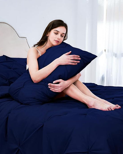 Ubauba 7pc Dark Blue King Comforter Set with Sheets, 7 Piece Pinch Pleating Bed in a Bag Royal Blue Bedding Comforters & Sets, Soft Fluffy Pintuck Bed Set (Navy,King) - LeafyLoom