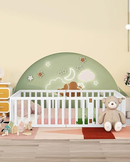 Multifunctional Queen Size Floor Bed with Safety Guardrails and Door, Montessori Sturdy Solid Wood Beds Frame, Easy Assembly and No Spring Need, for Boys and Girls Room, White - LeafyLoom