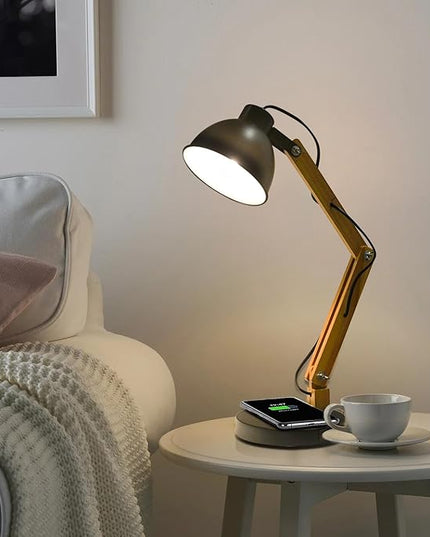 ELINKUME LED Desk Working Lamp with Charging(Wireless/USB-A/Typ-C),Wood Swing Arm Table Bedside Lamp, Black Metal Lampshade,Vintage Reading Light for Office,Study,Bedroom,Living Room(Excluding Bulb) - LeafyLoom