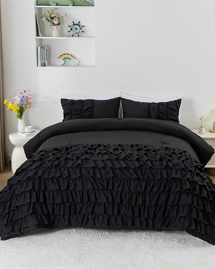 A Nice Night Waterfall Flutter Ruffle 3PCS Comforter Set,Chic Ruffled Textured Princess Bedding Set,Black,Twin - LeafyLoom