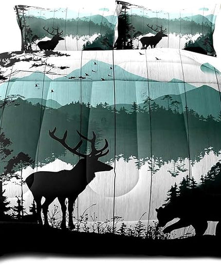 LUVIVIHOME 3PCS Black Bear Deer Comforter Set Full Size, Rustic Cabin Bedding, Teal Mountain Pine Tree Forest Animals Wildlife Hunting Lodge Quilt, Country Farmhouse Bedroom Decor, 2 Pillow Shams - LeafyLoom