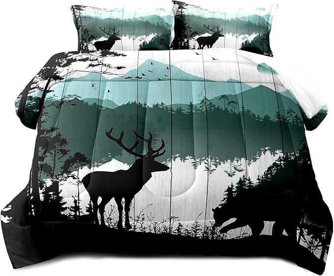 LUVIVIHOME 3PCS Black Bear Deer Comforter Set Full Size, Rustic Cabin Bedding, Teal Mountain Pine Tree Forest Animals Wildlife Hunting Lodge Quilt, Country Farmhouse Bedroom Decor, 2 Pillow Shams - LeafyLoom