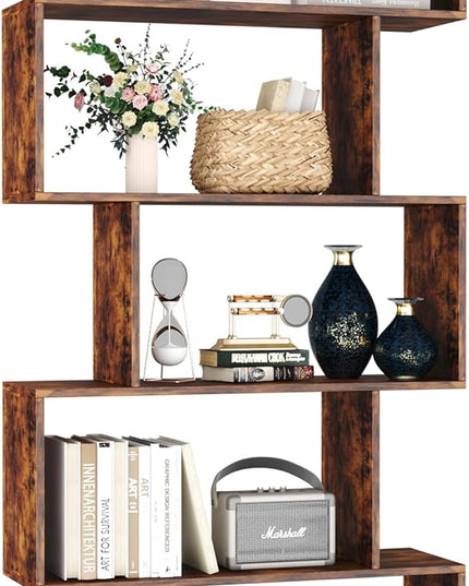 Yusong Bookshelf 5-Tier, Geometric Bookcase S Shaped Book Shelves for Bedroom, Modern Industrial Wood Decorative Display Shelf Book Case for Home Office, Rustic Brown - LeafyLoom