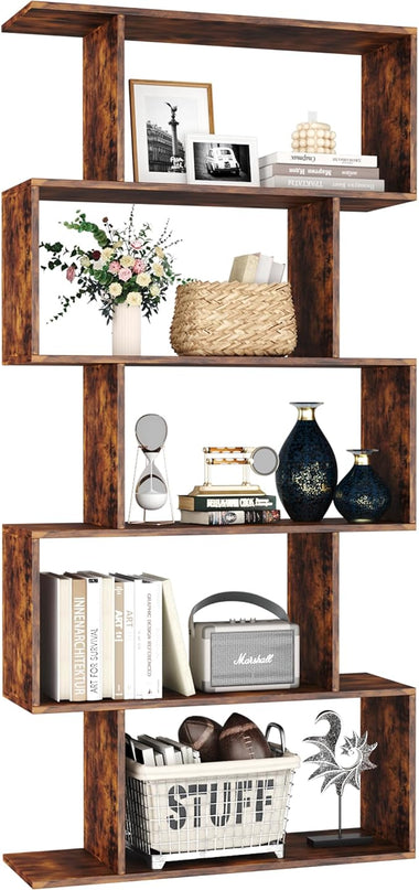 Yusong Bookshelf 5-Tier, Geometric Bookcase S Shaped Book Shelves for Bedroom, Modern Industrial Wood Decorative Display Shelf Book Case for Home Office, Rustic Brown - LeafyLoom