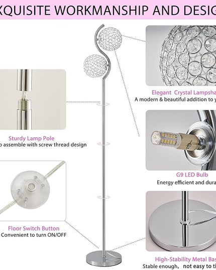 Crystal Floor Lamp, Elegant Standing Lamp, Modern Floor Lamp Chrome Finish Tall Pole Lamp, Modern Standing Lamp with On/Off Foot Switch for Living Room, Girl Bedroom, Dresser, Office, E26 Base - LeafyLoom
