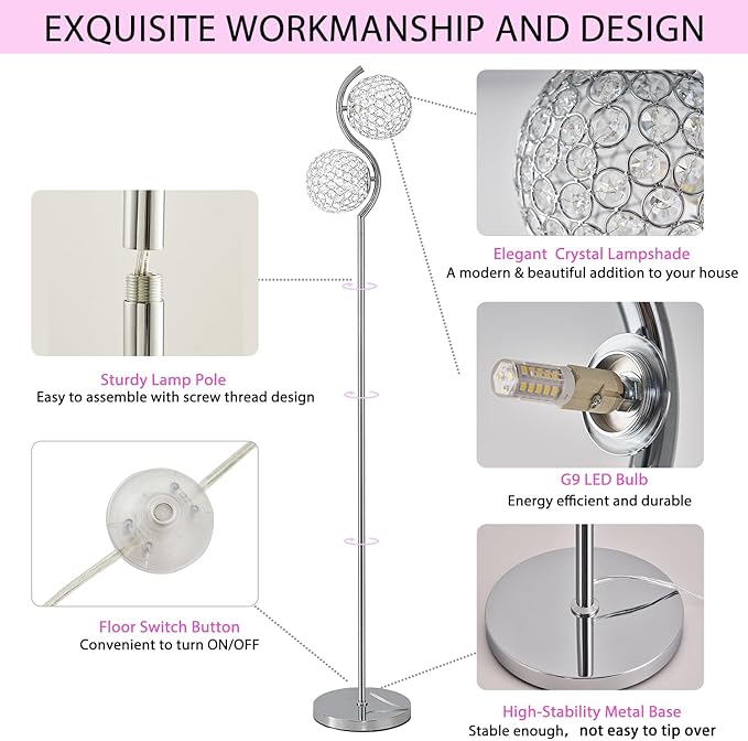 Crystal Floor Lamp, Elegant Standing Lamp, Modern Floor Lamp Chrome Finish Tall Pole Lamp, Modern Standing Lamp with On/Off Foot Switch for Living Room, Girl Bedroom, Dresser, Office, E26 Base - LeafyLoom