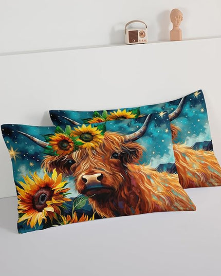 HOSIMA Highland Cow Comforter Set,Western Farmhouse Animals Cow and Sunflower Print Bedding Set 3Pcs with 2 Pillowcases,Galaxy Star Moon Comforter,Floral Comforter Twin Bed in a Bag. - LeafyLoom