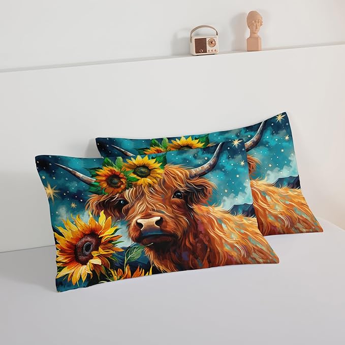 HOSIMA Highland Cow Comforter Set,Western Farmhouse Animals Cow and Sunflower Print Bedding Set 3Pcs with 2 Pillowcases,Galaxy Star Moon Comforter,Floral Comforter Twin Bed in a Bag. - LeafyLoom