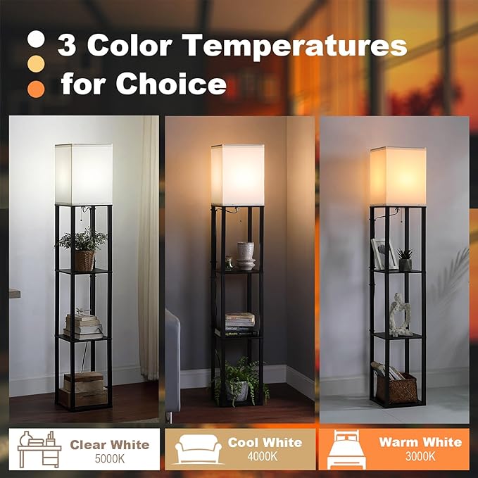 Floor Lamp with Shelves, Shelf Floor Lamps for Living Room with 3CCT LED Bulb, Modern Corner Square Display Standing Lamp with 4-Tier Tall Bookshelf Lamp for Bedroom Office - LeafyLoom
