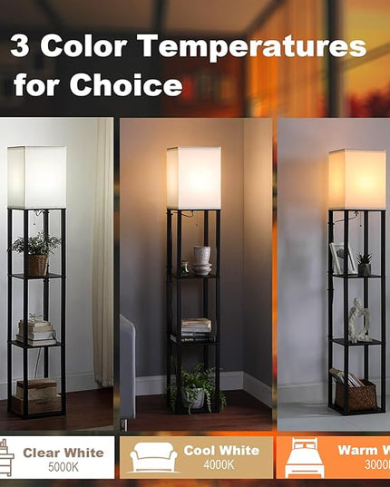 Floor Lamp with Shelves, Shelf Floor Lamps for Living Room with 2 USB Charging Ports and Power Outlet, 3CCT Modern Corner Square Display Standing Lamp 4-Tier Tall Bookshelf Lamp for Bedroom - LeafyLoom