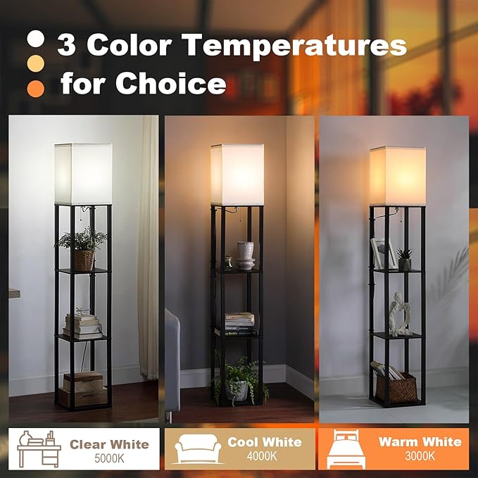 Floor Lamp with Shelves, Shelf Floor Lamps for Living Room with 2 USB Charging Ports and Power Outlet, 3CCT Modern Corner Square Display Standing Lamp 4-Tier Tall Bookshelf Lamp for Bedroom - LeafyLoom