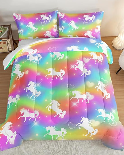 HOSIMA Unicorn Bedding 3pcs Rainbow Comforter Set with 2 Pillowcases,Sparkle Stars Twin Bed in a Bag Sets for Adults Teen Girls,Cute Rainbow Unicorn Twin Comforter Princess Toddler Bedding Set. - LeafyLoom