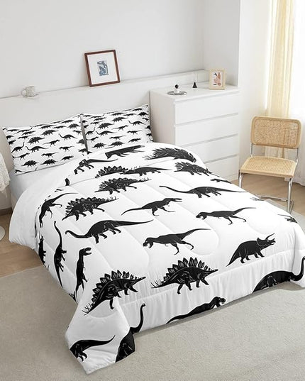 Erosebridal Dinosaur Down Comforter Dino Silhouettes Bedding Set King Size, Wildlife Animals Black White Comforter Sets for Kids Boys Teens Adult Bedroom, Dinosaurs Comforter with 2 Pillow Cases - LeafyLoom