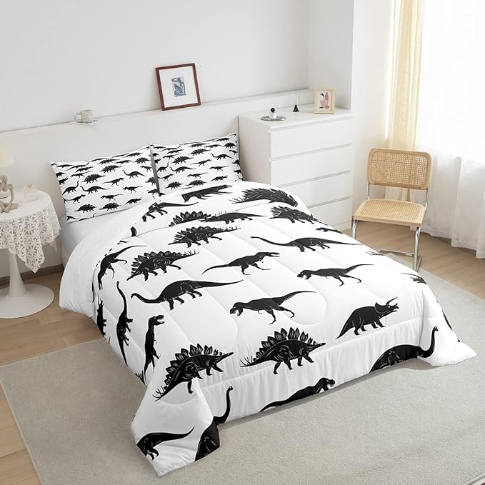 Erosebridal Dinosaur Down Comforter Dino Silhouettes Bedding Set King Size, Wildlife Animals Black White Comforter Sets for Kids Boys Teens Adult Bedroom, Dinosaurs Comforter with 2 Pillow Cases - LeafyLoom