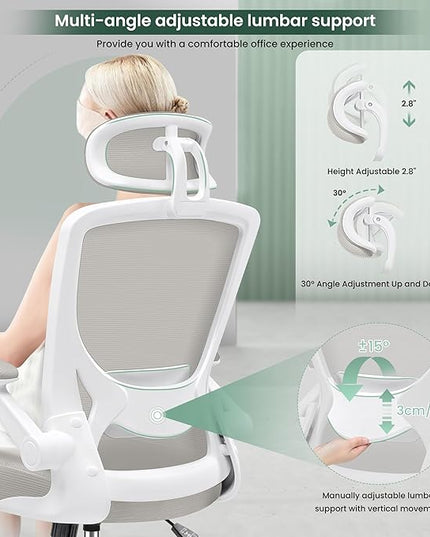 KERDOM Ergonomic Office Chair, Breathable Mesh Desk Chair, Lumbar Support Computer Chair with Headrest and Flip-up Arms, Swivel Task Chair, Adjustable Height Gaming Chair, LightGray - LeafyLoom