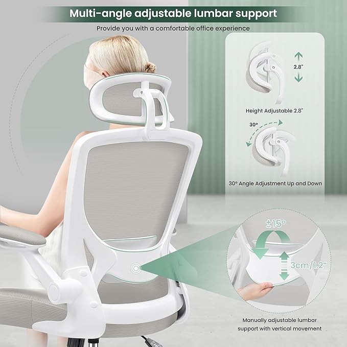 KERDOM Ergonomic Office Chair, Breathable Mesh Desk Chair, Lumbar Support Computer Chair with Headrest and Flip-up Arms, Swivel Task Chair, Adjustable Height Gaming Chair, LightGray - LeafyLoom