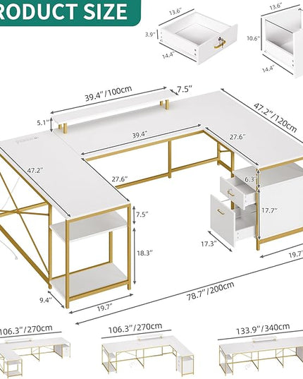 YITAHOME U Shaped Desk with Power Outlets & LED Lights, 79" Reversible L Shaped Desk with Drawers, Corner Computer Desk Office Desk with Monitor Stand & Storage Shelves, White & Gold - LeafyLoom