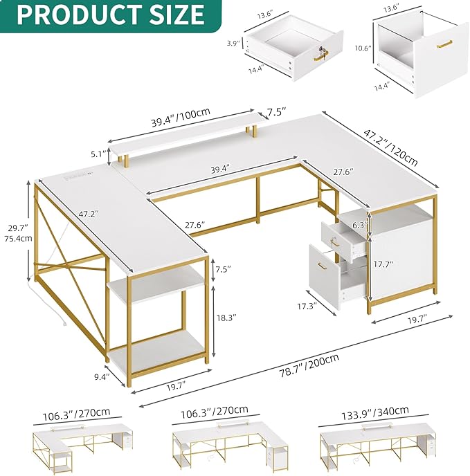 YITAHOME U Shaped Desk with Power Outlets & LED Lights, 79" Reversible L Shaped Desk with Drawers, Corner Computer Desk Office Desk with Monitor Stand & Storage Shelves, White & Gold - LeafyLoom