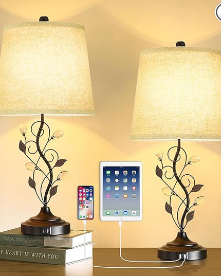 24.5in Farmhouse Table Lamps for Living Room Set of 2, Rustic Lamps for Bedroom with 2 USB Charging Ports, Traditional Bedside Lamps for Nightstand Retro Vine Leaf Lamps for End Table Reading - LeafyLoom