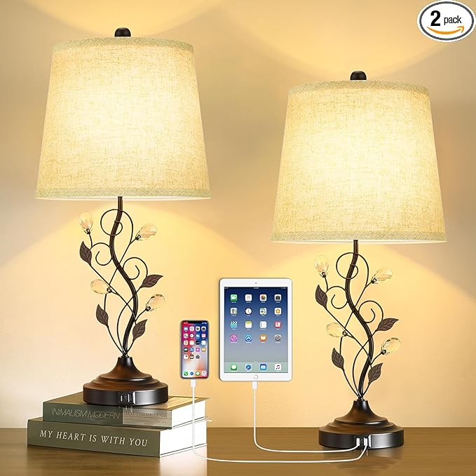 24.5in Farmhouse Table Lamps for Living Room Set of 2, Rustic Lamps for Bedroom with 2 USB Charging Ports, Traditional Bedside Lamps for Nightstand Retro Vine Leaf Lamps for End Table Reading - LeafyLoom