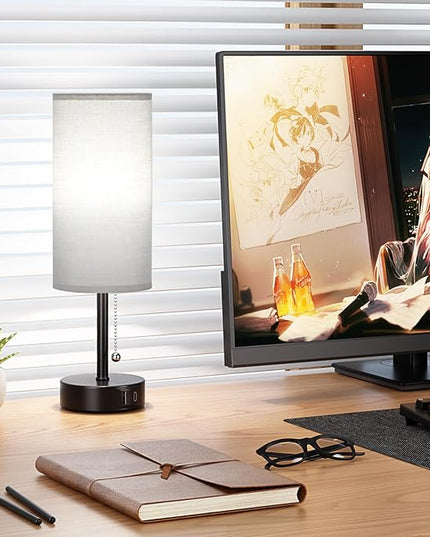 Grey Table Bedside Lamp for Bedroom Nightstand- Small Lamp with USB A + C Charging Port, 3 Color Temperatures Pull Chain Night Stand Light with Bulb, Side Table Desk Reading Lamp for Living Room - LeafyLoom